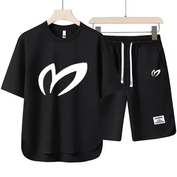 Лятна нова мъжка тениска от две части + шорти, Спортни облекла, Моден принт, Свободна градинска облекло в стил Харадзюку, всекидневни комплект за голф