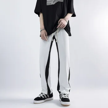 Модерен Мъжки панталони, с бели черни шевове, градинска дрехи, Преки Свободни ежедневни младежки спортни панталони за мъже, панталони