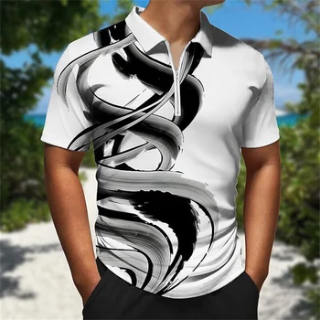 Модерен мъжки тениски, поло с цип обемни 3D печат с мастило, Мъжки дрехи, Свободна риза Оверсайз с къс ръкав, блузи с цип, дизайнерски