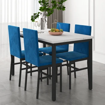 Модерна маса за хранене от 5 теми, плот от 5 теми от изкуствен мрамор и 4 трайни синьо кадифе стол за кухня, хол