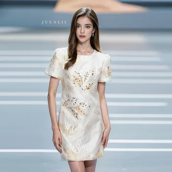Модерна пола трапецовидна форма с принтом от тежки мъниста за нокти с къс ръкав, рокля за отслабване със свободна талия, лято 2023, нов модел
