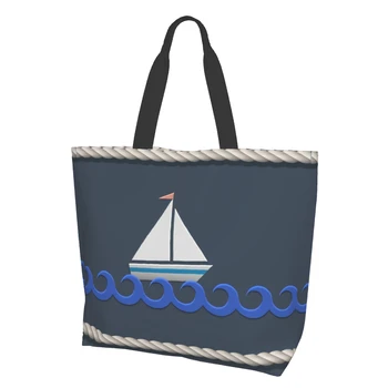 Мультяшная Плаване с лодка, морски въже, Ретро Тъмно синьо холщовая чанта за жени, Кухня почивен ден, за Многократна употреба за хранителни стоки чанти на Едро