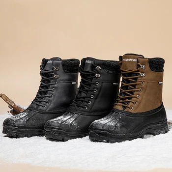 Мъжки зимни обувки гумени не-хлъзгава подметка с шнур, плюшен топла вътрешна водоустойчив Кожена горна част, туристически обувки