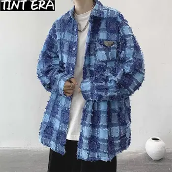 Мъжки корейската версия TINT ERA, красива ежедневна риза в клетка с дълги ръкави и четки за пролет/лято