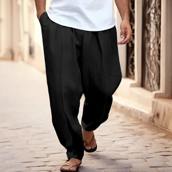 Мъжки Панталони от чист памук и лен, Ежедневни дълги панталони 2023, Пролет-Лято, Свободни Дишащи Панталони с еластичен ластик на талията, Homme
