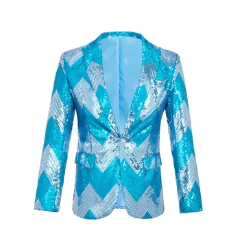 Мъжки сако с пайети, Блейзър с една вълнообразна шарките, на Мъжкото облекло за Хелоуин, Небето-светло Синьо сако със заключване цвят