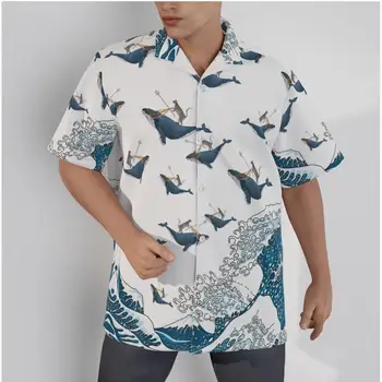 Мъжки Хавайска риза В Японски Стил с принтом Котка Kawai, Плажни Летни Ежедневни блузи копчета в стил мозайка, 3D Ризи