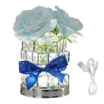 Настолна лампа във формата на цвете, роза, лампа под формата на Букет рози с 3-цветен кристал лампа, Изкуствена настолна лампа под формата на Букет рози с противоскользящим основание и