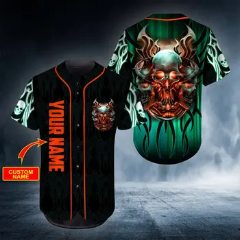 Нов Огнен рок-Череп, персонални име, мъжки бейзболна фланелка с 3D-принтом, Градинска ежедневна спортна бейзболна риза с къс ръкав