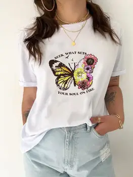 Нова модерна тенденция, тениска с къс ръкав и принтом пеперуди, лятна мода ежедневни дамски риза Y2K с къси ръкави, реколта дрехи