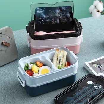 Нова обяд-бокс Bento Box за един студент, офис служител, двуслойни контейнер за обеди с микроволновым отопляем контейнер за съхранение на храна