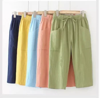 Нови летни Дамски Модни Свободни Ежедневни Тънки Памучни Ленени Панталони с висока еластична гумена лента за кръста, Седмо скъсяване на панталон