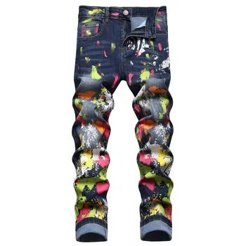 Нови Мъжки дънки с графити Y2k с дигитален печат, цветни дънкови панталони, Прави Тънки стрейчевые Мъжки панталони в байкерском стил, Градинска облекло