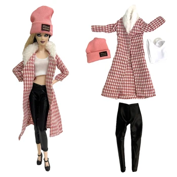 Официален комплект NK, благороден розов дълъг костюм кукли: шапка + coat + топ + черни панталони за кукли Барби 1/6, аксесоари за дома, играчки