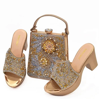 Покажете Италиански златни обувки и чанти за вечерни партита с камъни, италиански кожени чанти в тон сумкам! HTG1-16