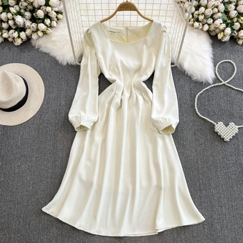 Пролет-есен Женствена рокля на Жената Трапециевидное однотонное рокля с квадратна яка и пищни ръкави, Елегантни Темпераментни рокли със средна дължина