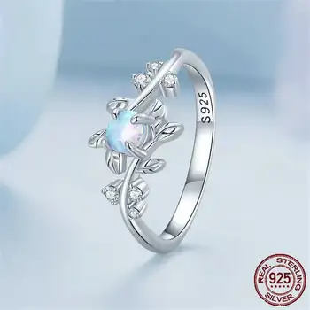 Пръстен с маслинова клон от сребро S925, пръстен с опалом от сребро S925, нежен женски пръстен, подарък за нея