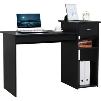 Работна станция SMILE MART за домашния офис, Компютърна маса с чекмедже и място за съхранение, черна маса за лаптоп