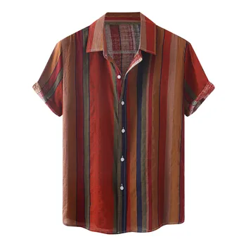 Риза с отложным яка и къс ръкав, Риза на райета, това е една мъжка Лятна мъжка Блуза 2023, Ризи, Хавайски облекло