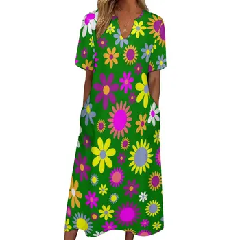 Рокля с цветен модел, Лятна Ярка Градинска дрехи с цветен Модел, Ежедневни Дълги Рокли, Дамско графично Винтажное рокля Макси Голям размер