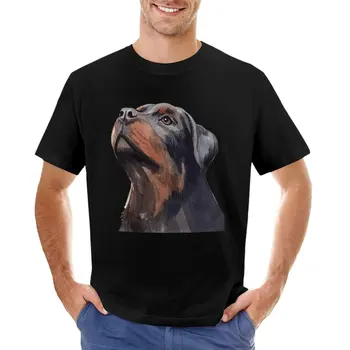 Ротвайлер с портрет, черно куче, изпълнени акварел, тениска с ръчно рисувани ротвайлер, тениски по поръчка, мъжки дрехи