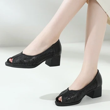 Сандали от естествена кожа, с отворени пръсти, Дамски обувки 2023, Дамски сандали голям размер на средно обувки с мека подметка, Модерни обувки за мама