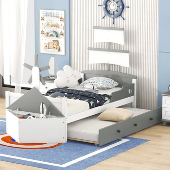 Сив двойно легло-платформа във формата на лодка, с чекмедже двоен размер, Двойно легло с място за съхранение, Лесно се монтира за вътрешната мебели за спалня