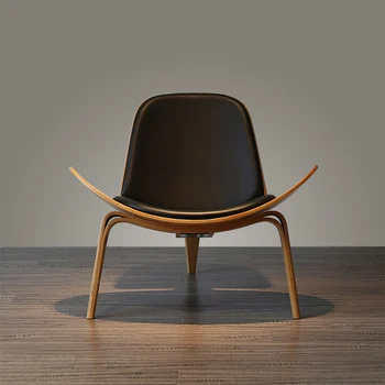 Скандинавските Столове за всекидневна, С гръб от масивно Дърво Стол за Мързелив Почивка Домакински Мебели с Модерен Кожен Единична разтегателен Shell Chair B