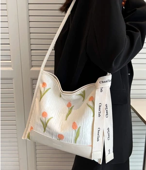 Тъканта, чанта за почивка среден размер под мишниците K A Ins, корея, модерна и стилна чанта текстил в стил мозайка с флорални принтом, чанта в стил къща