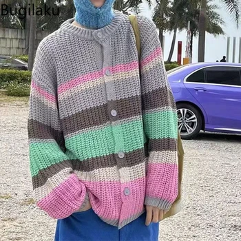 Цвят шарен пуловер Bugilaku за мъже и жени 2023, новият американски вязаный топ от мека лепилен плат в тон