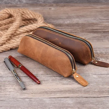 Чанта за моливи, ръчно изработени от естествена кожа, ретро Прост Канцелярский притежателя, джоб за химикалки, чанта за багаж, чанта за моливи с цип, Калъф за очила