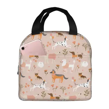 Чанта за обяд с красиви Кученца и цветя, Преносими Изолирани Оксфордские чанти-охладители, Термосумки за пикник със студена храна, Чанта за жени и деца