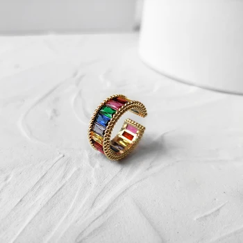 Широки правоъгълни пръстени с розови цирконий, съединените Прозрачни пръстени с фианитами за жени, Винтажное пръстен с цветен кант, Регулируеми бижута 2023