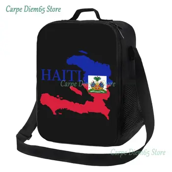 Изработена по поръчка чанта за обяд с карта в Хаити и на флага, Женски термосумки-охладители, изолирани обяд-апарати за ученици в училище